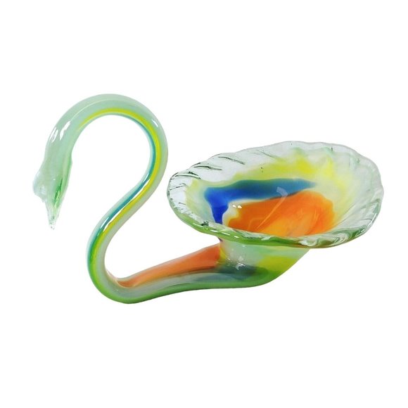 Art Glass Swan Hand Blown Bowl Floral Candy Dish Centerpiece Artisan Made - Picture 1 of 9